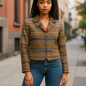 Vintage Braeton Wool Blend Southwestern Striped Zip Up Blazer MADE IN USA Small